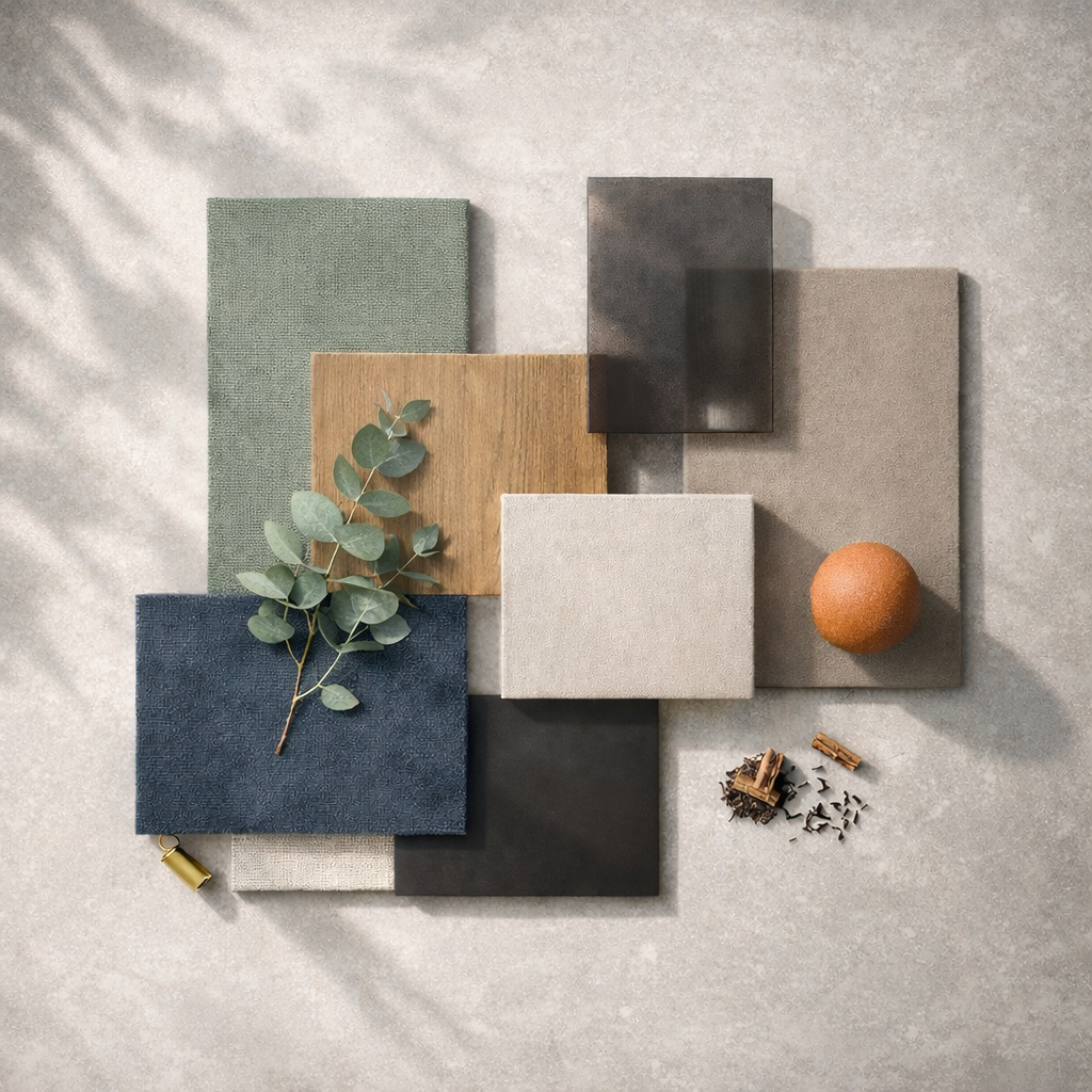 Materialboard mit Stoffmustern, Holz, Stein und einem Eukalyptuszweig