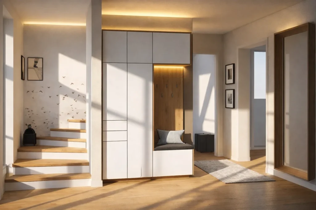 Diele in Hamburg mit weißem Einbauschrank, Sitzbank und Treppe im Sonnenlicht