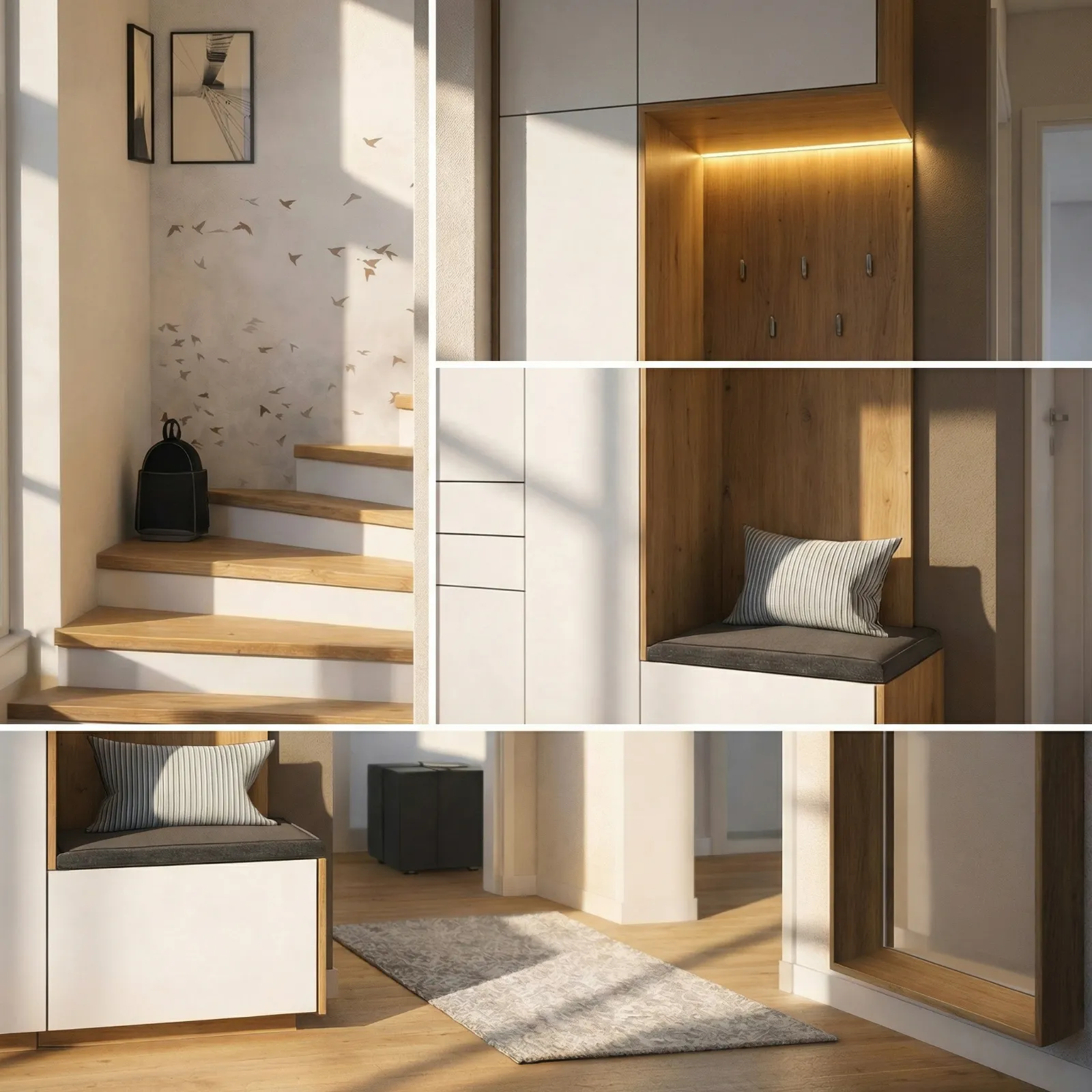 Bildcollage der Diele in Hamburg mit Einbauschrank, Sitzbank und Spiegel