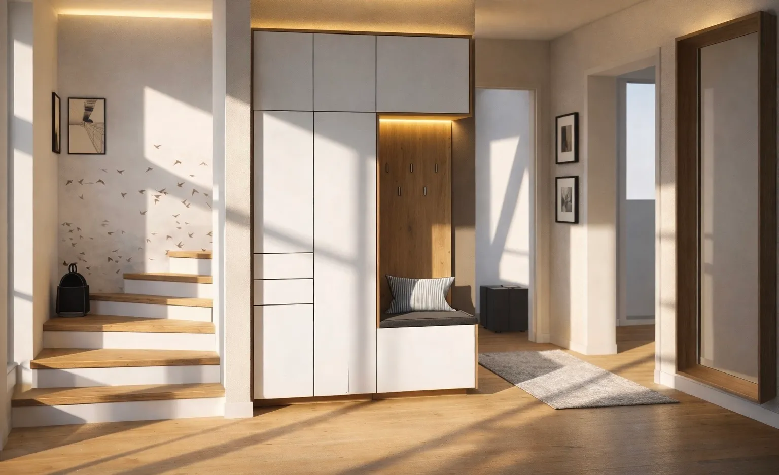 Eingangsbereich in Hamburg mit weißem Einbauschrank, Sitzbank und Treppe