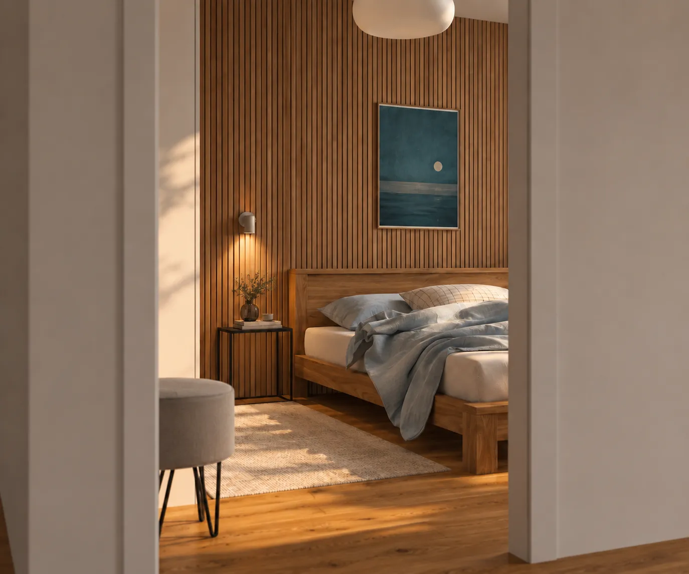 Gästezimmer im Landhaus bei Hamburg als 3D-Visualisierung, Blick durch die Türöffnung auf Bett und Holzlamellenwand