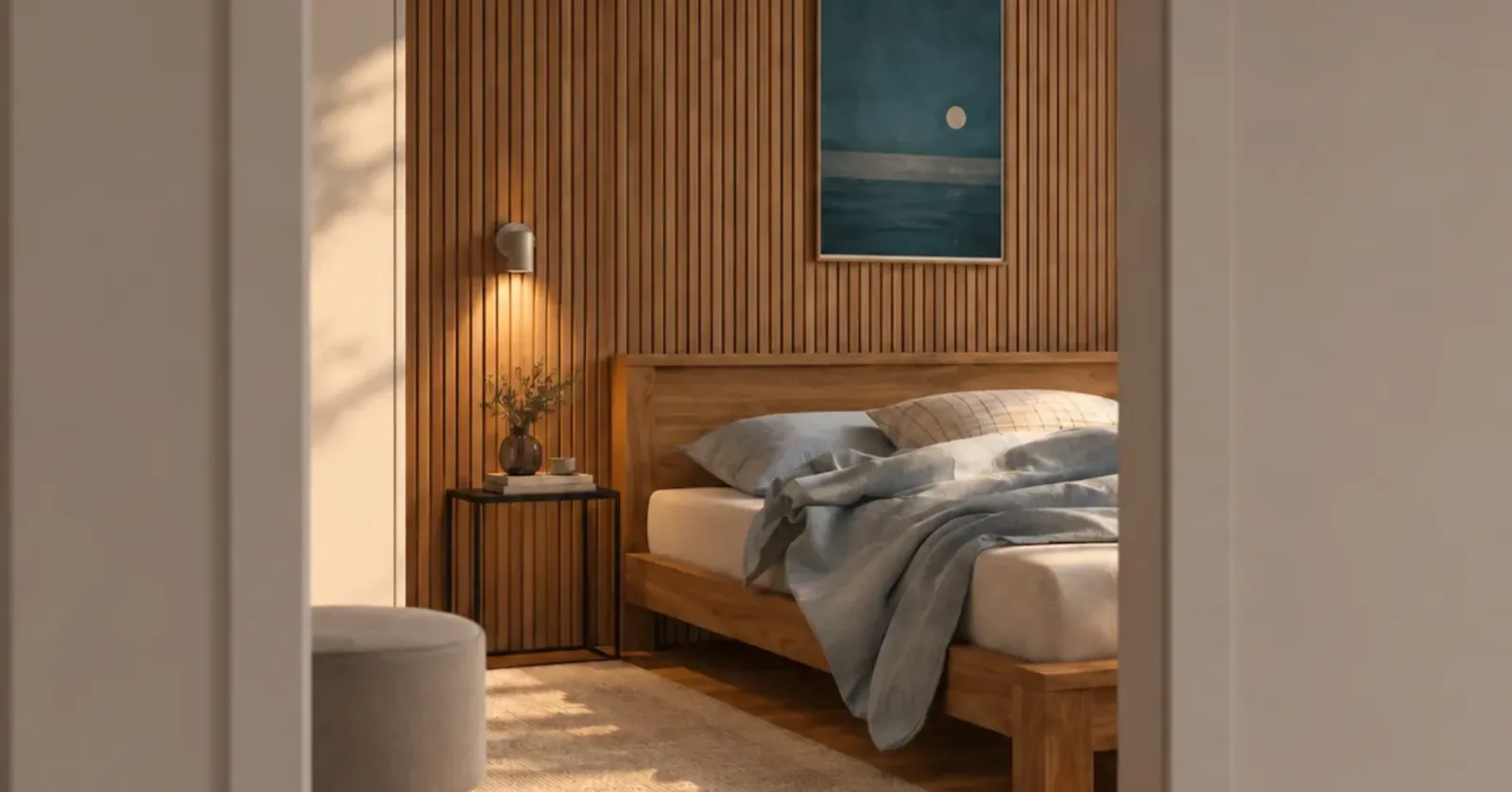 Gästezimmer im Landhaus bei Hamburg: Holzbett mit hellblauer Leinenbettwäsche vor einer Holzlamellenwand, warme Wandleuchte über dem Nachttisch