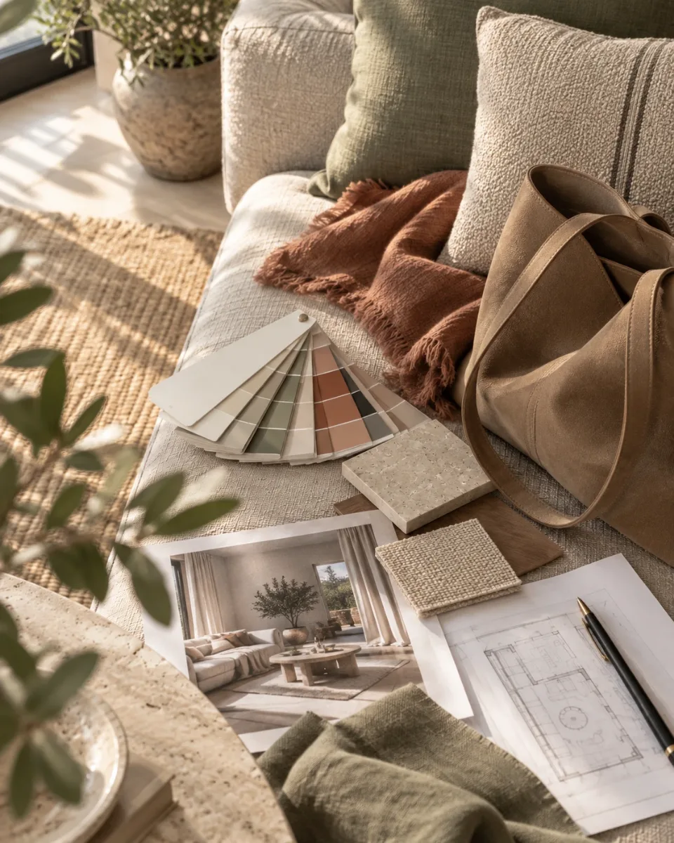 Moodboard mit Farbfächer, Material- und Stoffproben, Interiorfoto und Grundrissskizze in warmen Erdtönen
