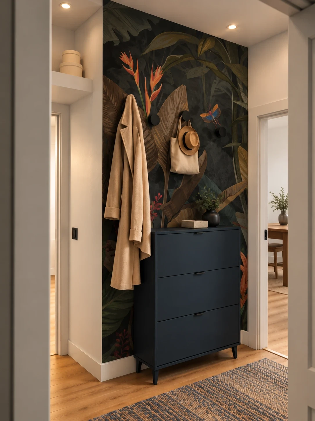 Eingangsbereich einer Single Wohnung in Berlin mit dunkler Tapete aus tropischen Blättern und orangefarbenen Paradiesvogelblumen, Kommode in Nachtblau mit drei Schubladen, schwarzen Wandhaken mit Mantel, Hut und Tasche, Wandbord mit Hutschachteln und Blick auf einen Esstisch im Nebenraum