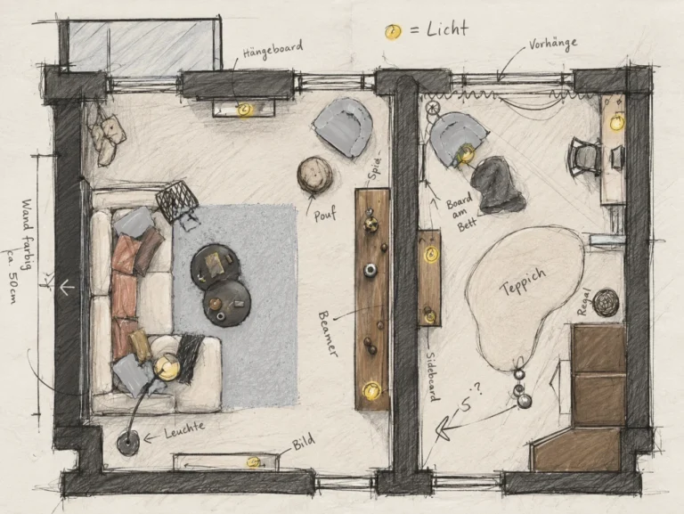 Handgezeichneter Möblierungsgrundriss der Single Wohnung in Berlin mit Wohnzimmer und Schlafbereich