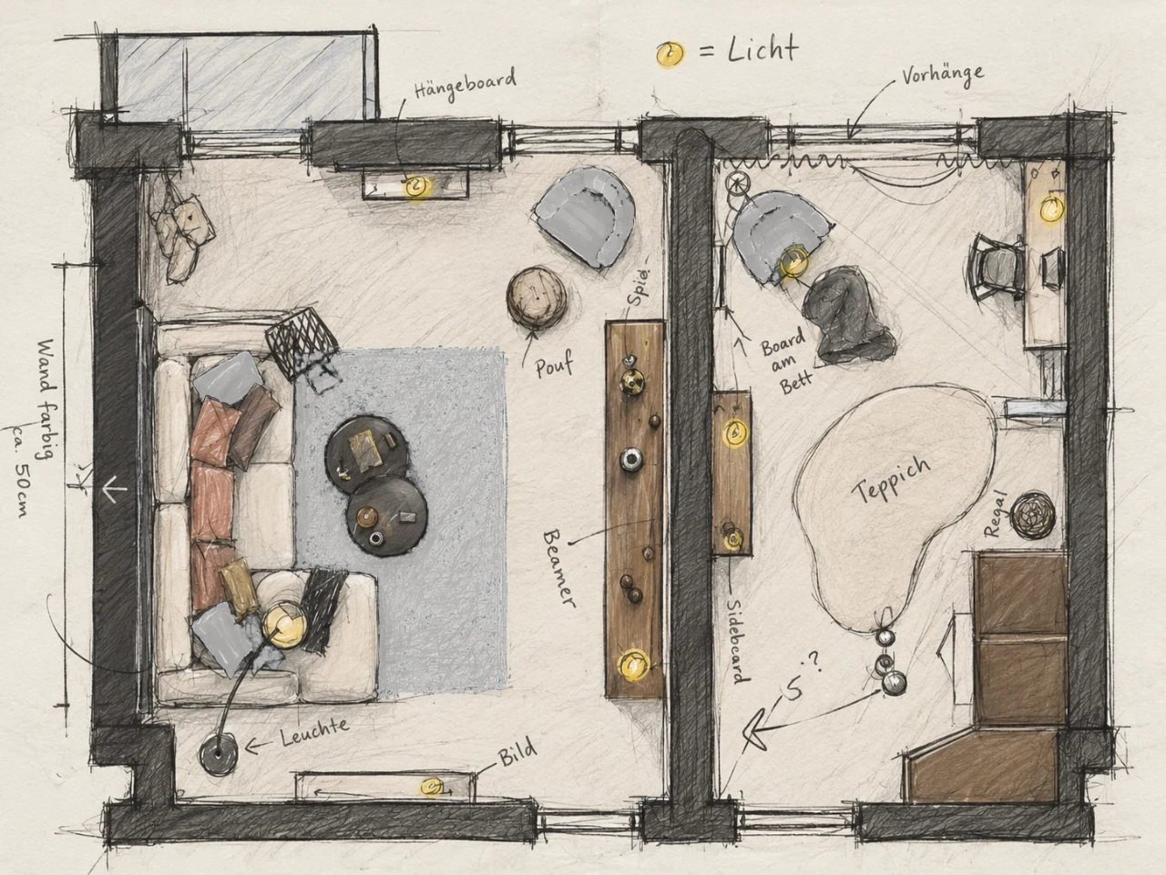 Möblierungsgrundriss Single Wohnung Berlin, Skizze von Wohnzimmer und Schlafzimmer Handgezeichneter Möblierungsgrundriss einer Single Wohnung in Berlin mit Wohnzimmer, Ecksofa, hellgrauem Teppich, Beamer-Sideboard, Schlafzimmer mit Bett, Sesseln, Schreibtisch und eingezeichneten Lichtpunkten
