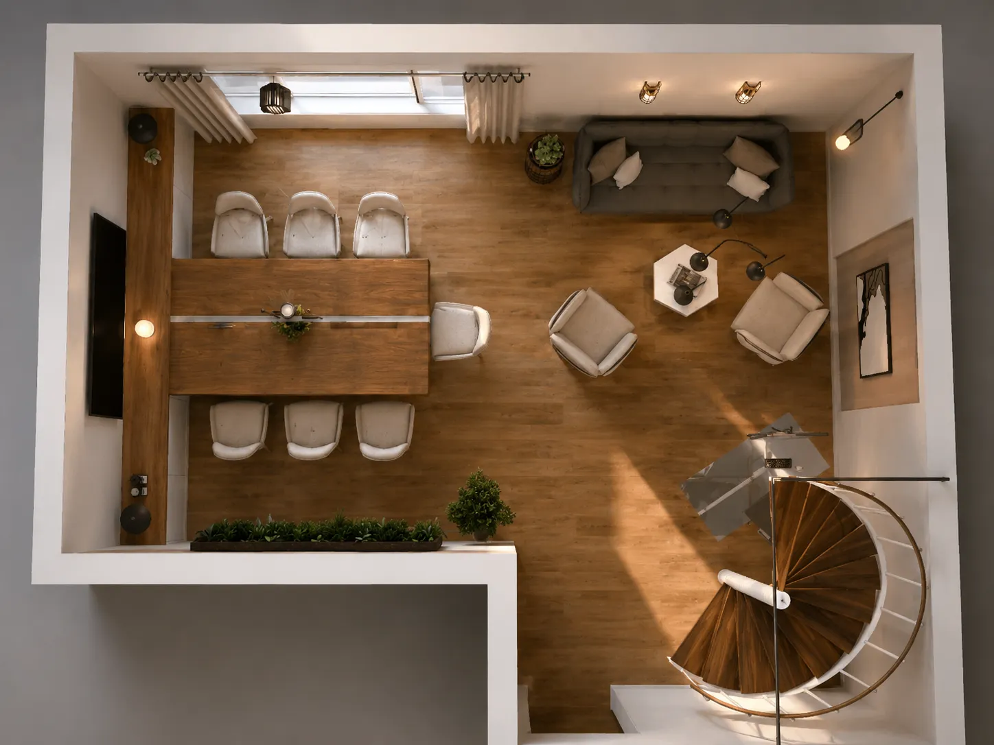 3D-Ansicht eines Wohnoffice von oben mit Schreibtisch, Loungesesseln und Wendeltreppe aus Holz