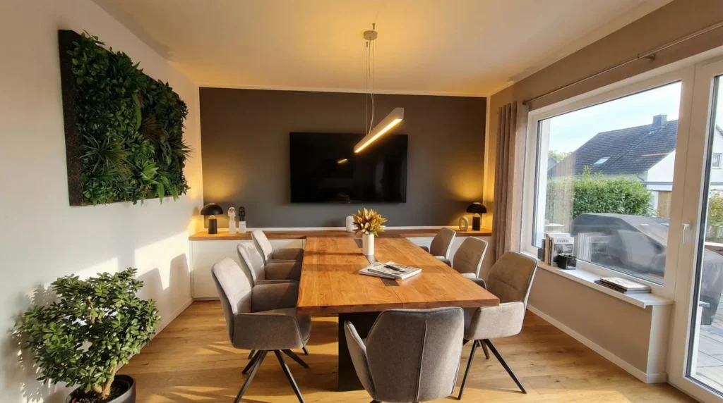 Wohnoffice in Schwedt mit langem Holztisch, Mooswand und Fensterfront