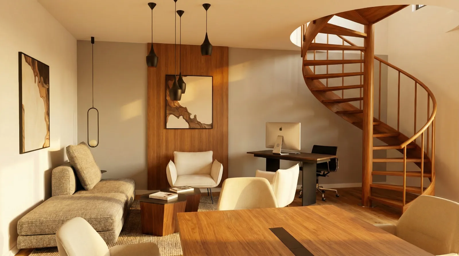 Loungebereich des Wohnoffice in Schwedt mit cremefarbenen Sesseln und Wendeltreppe aus Holz