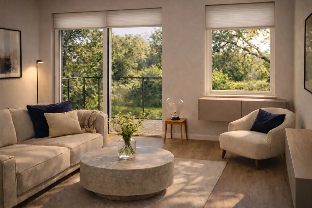 Wohnzimmer der Single-Wohnung in Berlin mit hellem Sofa, Sessel und Blick ins Grüne Helles Wohnzimmer einer Single-Wohnung in Berlin: beiges Sofa mit Kissen in Dunkelblau und Sand, runder Couchtisch in Steinoptik mit Blumen in einer Glasvase, Sessel in Creme, Beistelltisch aus Holz mit Glasleuchte, Balkontür und Fenster mit Plissees und Blick ins Grüne, Holzboden und heller Teppich